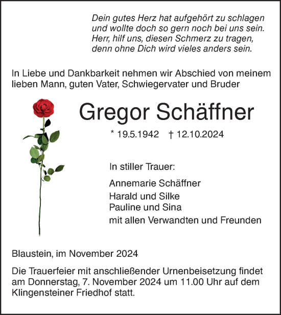 Traueranzeige von Gregor Schäffner von SÜDWEST PRESSE Ausgabe Ulm/Neu-Ulm