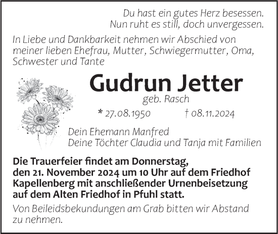 Traueranzeige von Gudrun Jetter von SÜDWEST PRESSE Ausgabe Ulm/Neu-Ulm/Neu-Ulmer Zeitung