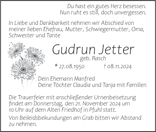 Traueranzeige von Gudrun Jetter von SÜDWEST PRESSE Ausgabe Ulm/Neu-Ulm/Neu-Ulmer Zeitung