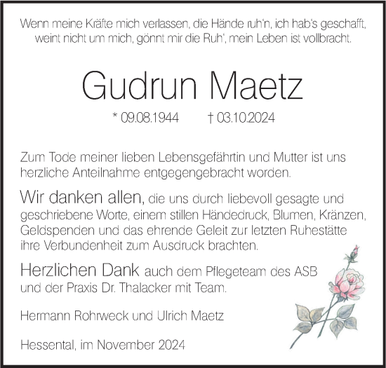 Traueranzeige von Gudrun Maetz von Haller Tagblatt