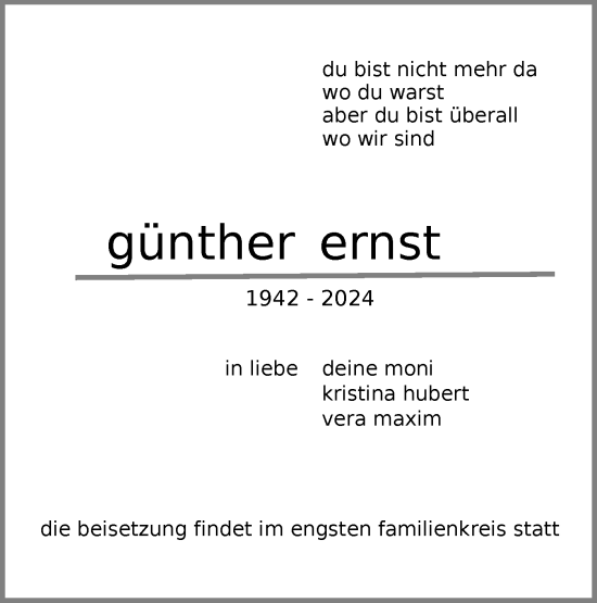 Traueranzeige von Günther Ernst von SÜDWEST PRESSE Ausgabe Ulm/Neu-Ulm