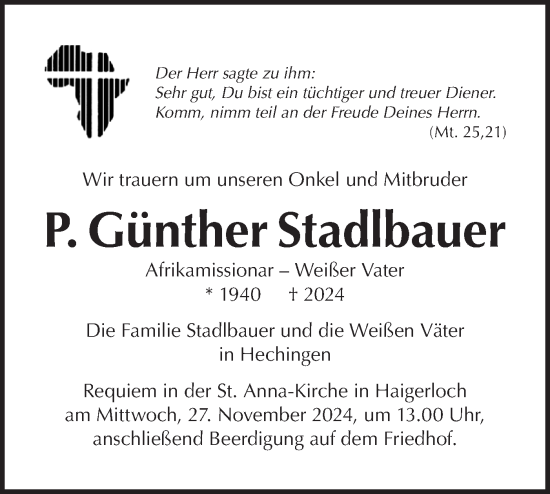 Traueranzeige von Günther Stadlbauer von SÜDWEST PRESSE Zollernalbkreis/Hohenzollerische Zeitung