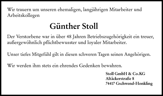 Traueranzeige von Günther Stoll von Rundschau Gaildorf