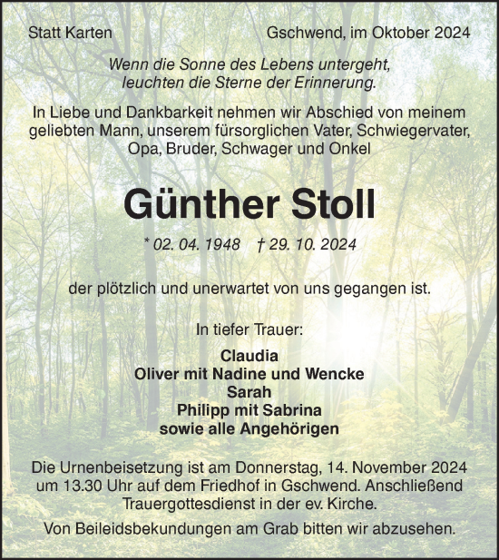 Traueranzeige von Günther Stoll von Rundschau Gaildorf