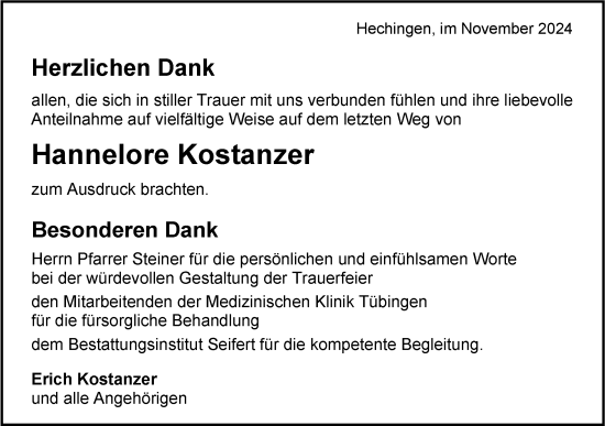 Traueranzeige von Hannelore Kostanzer von SÜDWEST PRESSE Zollernalbkreis/Hohenzollerische Zeitung