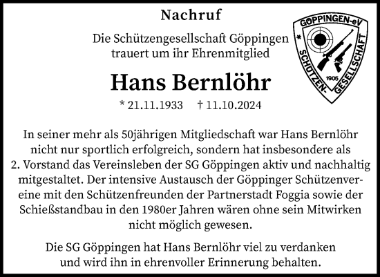 Traueranzeige von Hans Bernlöhr von NWZ Neue Württembergische Zeitung