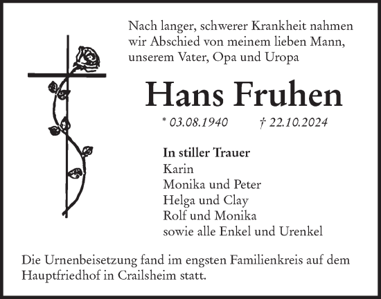 Traueranzeige von Hans Fruhen von Hohenloher Tagblatt