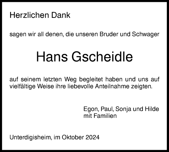 Traueranzeige von Hans Gscheidle von SÜDWEST PRESSE Zollernalbkreis/Hohenzollerische Zeitung