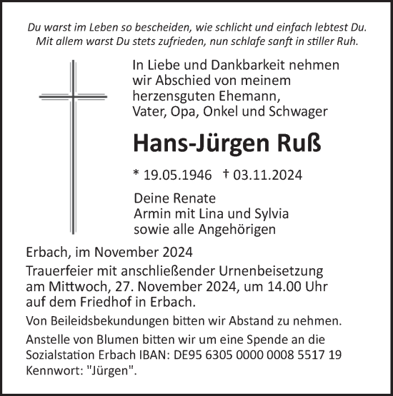 Traueranzeige von Hans-Jürgen Ruß von SÜDWEST PRESSE Ausgabe Ulm/Neu-Ulm