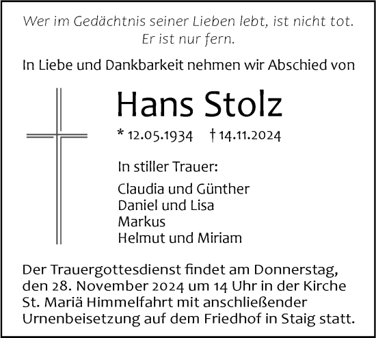 Traueranzeige von Hans Stolz von SÜDWEST PRESSE Ausgabe Ulm/Neu-Ulm