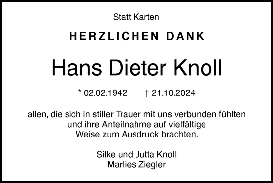 Traueranzeige von Hans Dieter Knoll von Ehinger Tagblatt