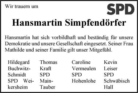 Traueranzeige von Hansmartin Simpfendörfer von Hohenloher Tagblatt