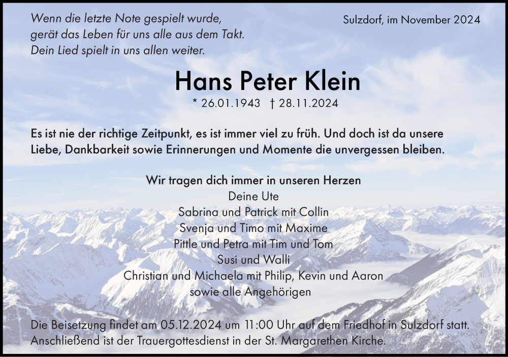  Traueranzeige für Hans Peter Klein vom 30.11.2024 aus Haller Tagblatt