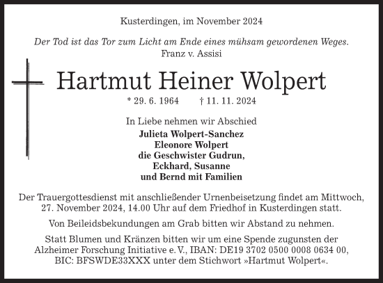 Traueranzeige von Hartmut Heiner Wolpert von Schwäbische Tagblatt