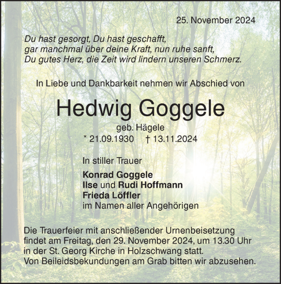 Traueranzeige von Hedwig Goggele von SÜDWEST PRESSE Ausgabe Ulm/Neu-Ulm/Neu-Ulmer Zeitung