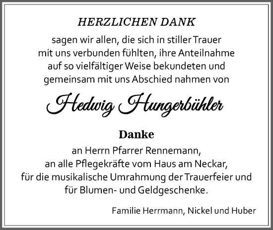 Traueranzeige von Hedwig Hungerbühler von Schwäbische Tagblatt