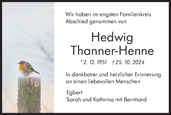 Traueranzeige von Hedwig Thanner-Henne von Schwäbische Tagblatt