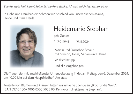 Traueranzeige von Heidemarie Stephan von SÜDWEST PRESSE Ausgabe Ulm/Neu-Ulm