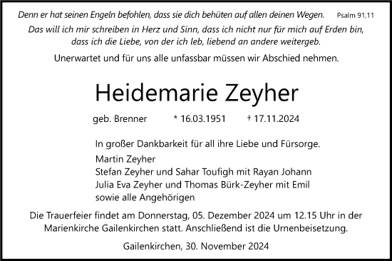 Traueranzeige von Heidemarie Zeyher von Haller Tagblatt