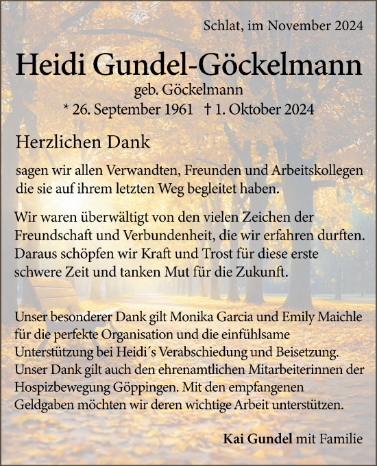 Traueranzeige von Heidi Gundel-Göckelman von NWZ Neue Württembergische Zeitung