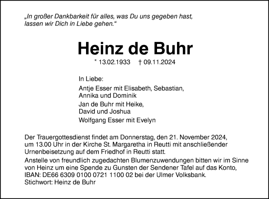 Traueranzeige von Heinz de Buhr von SÜDWEST PRESSE Ausgabe Ulm/Neu-Ulm/Neu-Ulmer Zeitung