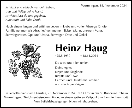 Traueranzeige von Heinz Haug von Schwäbische Tagblatt