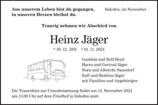 Traueranzeige von Heinz Jäger von Haller Tagblatt/Hohenloher Tagblatt