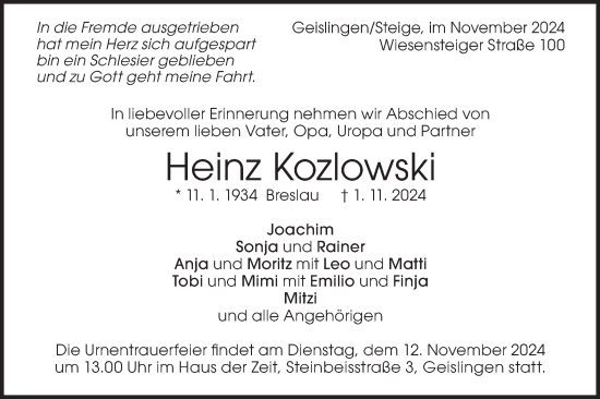 Traueranzeige von Heinz Kozlowski von Geislinger Zeitung