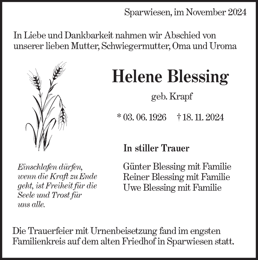  Traueranzeige für Helene Blessing vom 30.11.2024 aus NWZ Neue Württembergische Zeitung