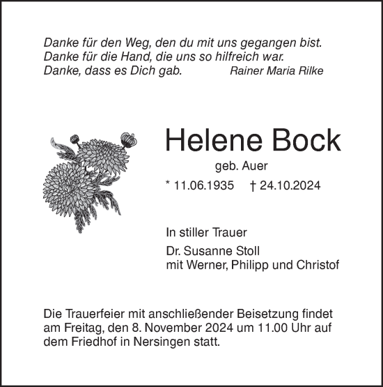 Traueranzeige von Helene Bock von SÜDWEST PRESSE Ausgabe Ulm/Neu-Ulm/Neu-Ulmer Zeitung