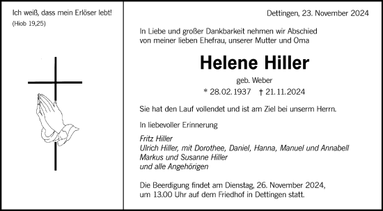 Traueranzeige von Helene Hiller von Alb-Bote/Metzinger-Uracher Volksblatt