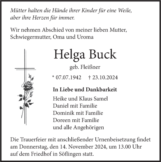 Traueranzeige von Helga Buck von SÜDWEST PRESSE Ausgabe Ulm/Neu-Ulm