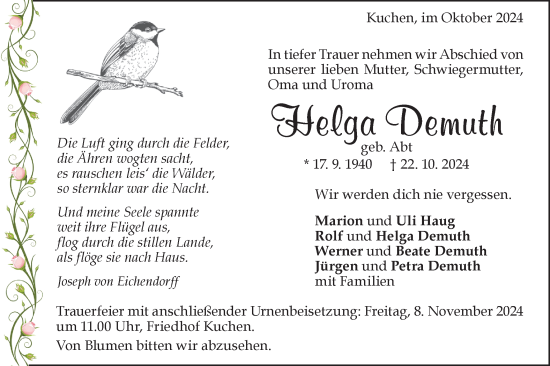 Traueranzeige von Helga Demuth von Geislinger Zeitung