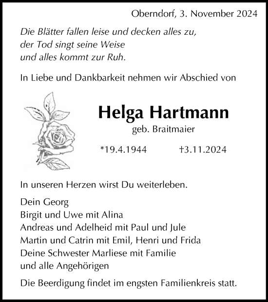 Traueranzeige von Helga Hartmann von Schwäbische Tagblatt