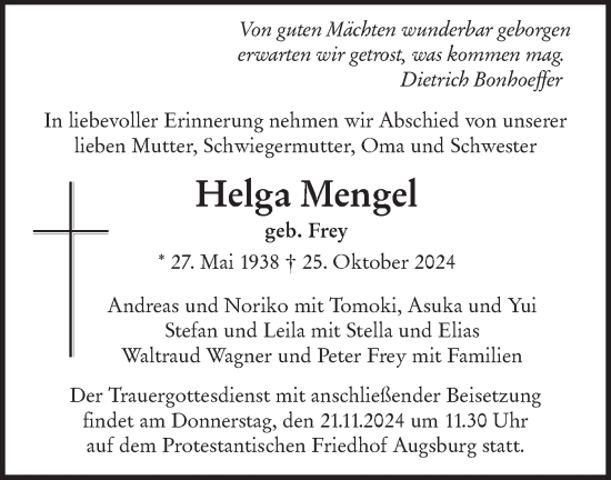 Traueranzeige von Helga Mengel von SÜDWEST PRESSE Ausgabe Ulm/Neu-Ulm