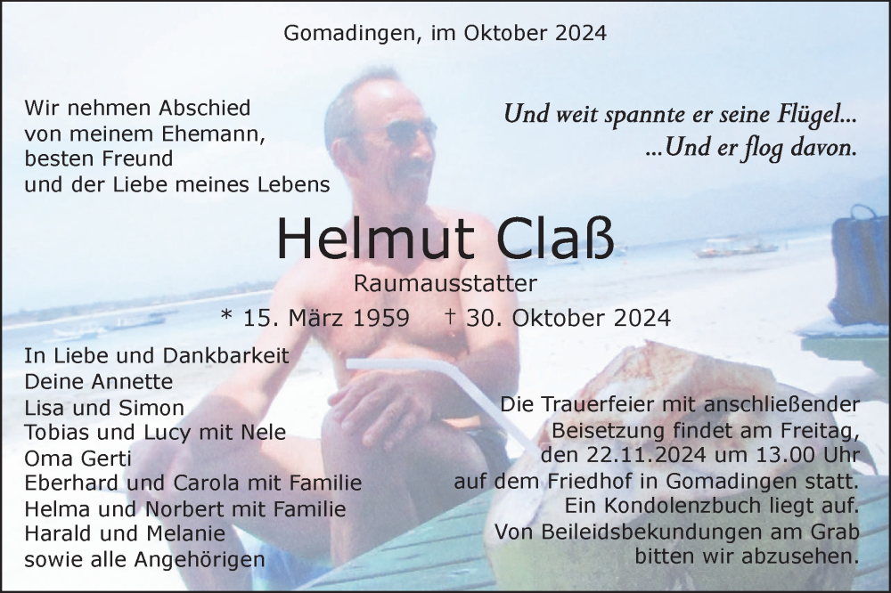  Traueranzeige für Helmut Claß vom 09.11.2024 aus Alb-Bote/Metzinger-Uracher Volksblatt