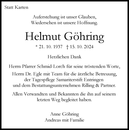 Traueranzeige von Helmut Göhring von Schwäbische Tagblatt