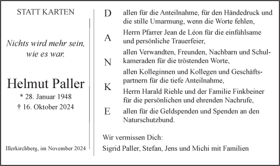 Traueranzeige von Helmut Paller von SÜDWEST PRESSE Ausgabe Ulm/Neu-Ulm