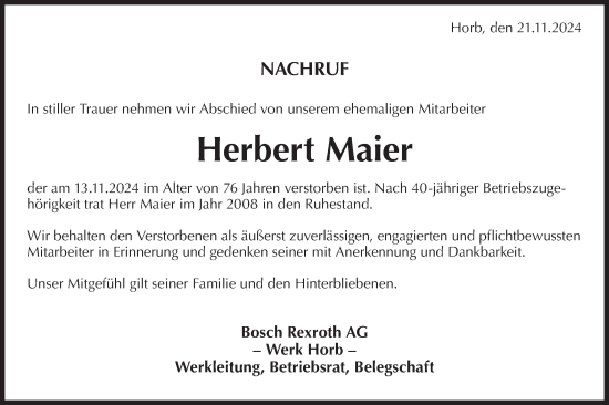 Traueranzeige von Herbert Maier von Neckar-Chronik