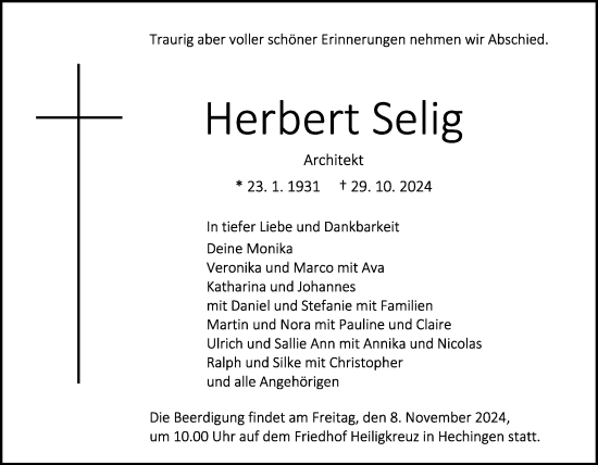 Traueranzeige von Herbert Selig von SÜDWEST PRESSE Zollernalbkreis/Hohenzollerische Zeitung