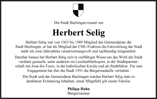 Traueranzeige von Herbert Selig von SÜDWEST PRESSE Zollernalbkreis/Hohenzollerische Zeitung