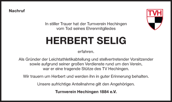 Traueranzeige von Herbert Selig von SÜDWEST PRESSE Zollernalbkreis/Hohenzollerische Zeitung