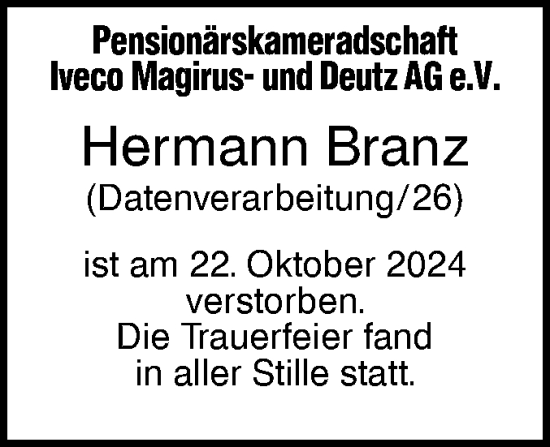 Traueranzeige von Hermann Branz von SÜDWEST PRESSE Ausgabe Ulm/Neu-Ulm