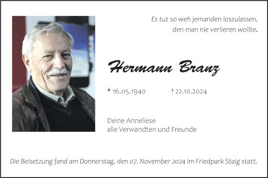 Traueranzeige von Hermann Branz von SÜDWEST PRESSE Ausgabe Ulm/Neu-Ulm