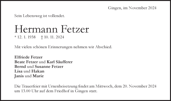 Traueranzeige von Hermann Fetzer von Geislinger Zeitung