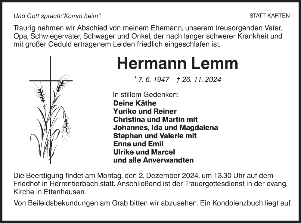  Traueranzeige für Hermann Lemm vom 29.11.2024 aus Hohenloher Tagblatt