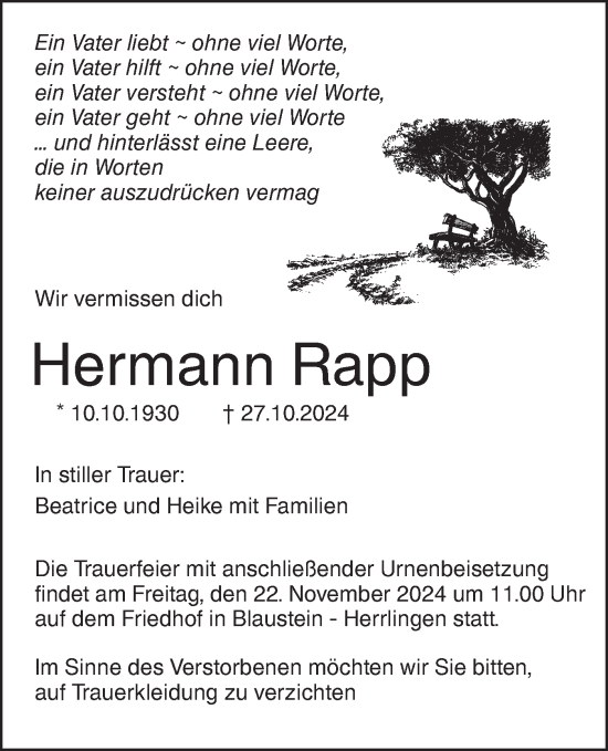 Traueranzeige von Hermann Rapp von SÜDWEST PRESSE Ausgabe Ulm/Neu-Ulm