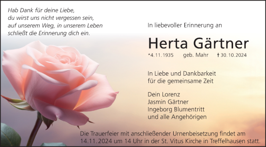 Traueranzeige von Herta Gärtner von Geislinger Zeitung