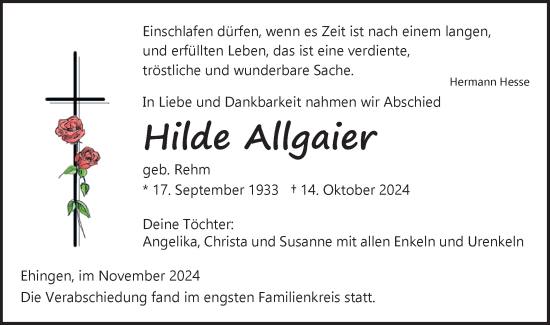 Traueranzeige von Hilde Allgaier von Ehinger Tagblatt