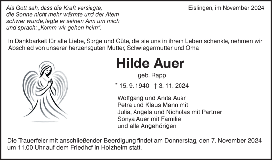 Traueranzeige von Hilde Auer von NWZ Neue Württembergische Zeitung